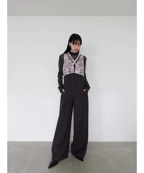 セール】Cross Neck Jacquard Jumpsuits/クロスネックジャガード