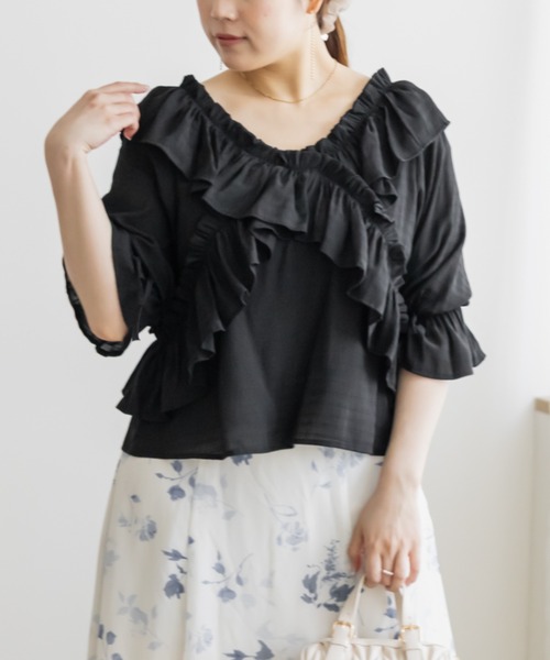 CLETTE(クレット)の「クロスフリル2WAYブラウス(シャツ/ブラウス・レディース・ブラック/イエロー/ホワイト・4L/3L/LL)」の9枚目の写真