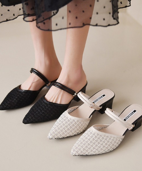 COCOMOMO(ココモモ)の「2way シアー ミュールパンプス ポインテッドトゥ ダブルストラップ メッシュ ミュール ヒール サンダル(サンダル・レディース・アイボリー/ブラック・22.5cm/23.0cm/23.5cm/24.0cm/24.5cm)」の6枚目の写真