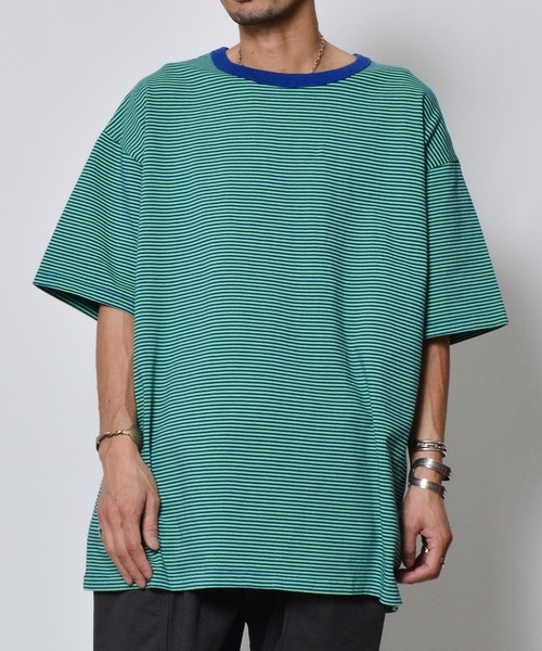 DOUBLE STEAL(ダブルスティール)の「ボーダー天竺半袖T(Tシャツ/カットソー・メンズ・グリーン・LARGE/MEDIUM)」の2枚目の写真