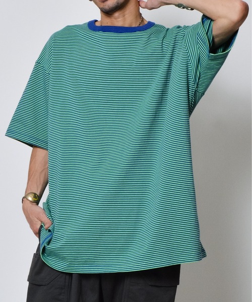 DOUBLE STEAL(ダブルスティール)の「ボーダー天竺半袖T(Tシャツ/カットソー・メンズ・グリーン・LARGE/MEDIUM)」の3枚目の写真