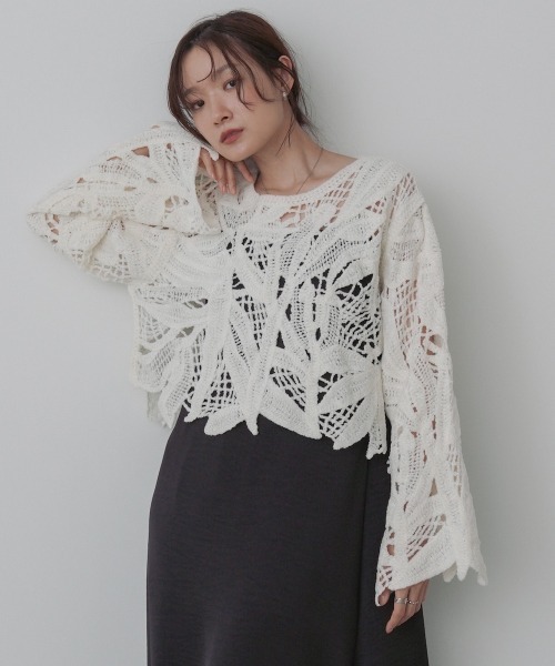 Bab(バブ)の「モールヤーンクロシェショートトップス(Tシャツ/カットソー・レディース・アイボリー/チャコールグレー/ブラウン/ピンク・FREE)」の8枚目の写真