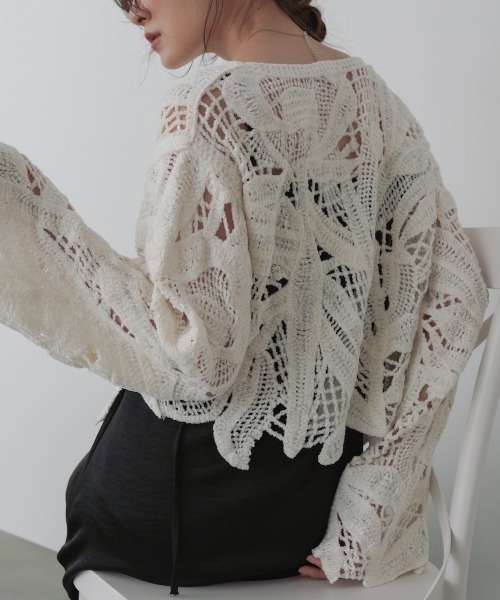 Bab(バブ)の「モールヤーンクロシェショートトップス(Tシャツ/カットソー・レディース・アイボリー/チャコールグレー/ブラウン/ピンク・FREE)」の15枚目の写真