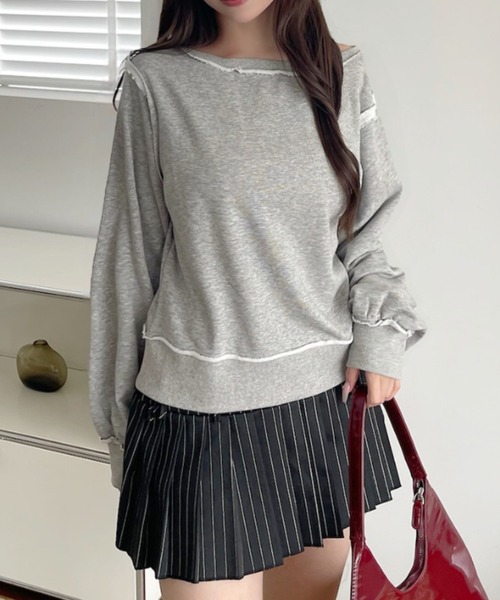 TREOVER(トレオーバー)の「【ワンショルでも着れて抜け感UP】アウトシームオフショルスウェットプルオーバー(Tシャツ/カットソー・レディース・チャコール/杢グレー/アイボリー・FREE)」の11枚目の写真