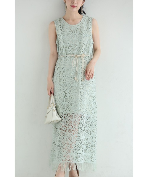 新作8月8日 爽やかなペールカラーレースの裾フリンジロングワンピース（紐ベルト付き） ワンピース ロングワンピース レディース ファッション 春服 夏服 着回し 重ね着 裾フリンジ cawaii w61404ps S~L対応 ペールグリーン 日常使い キレイめ シンプル ミセス 30代 40代 50代 爽やかなペールカラーレースの裾フリンジロングワンピース（紐ベルト