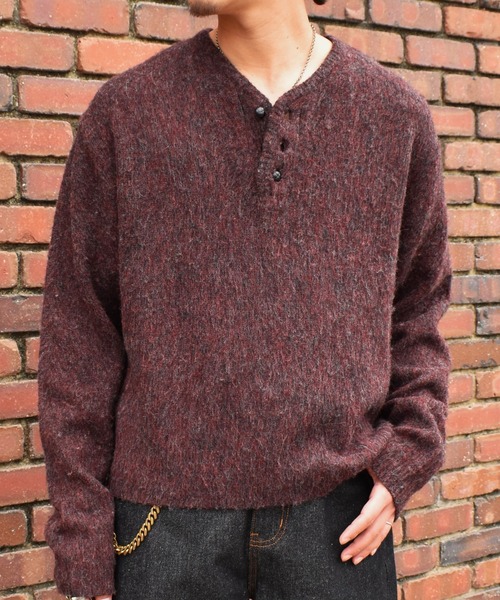 Noen(ノエン)の「ヘンリーネックメランジウールニット(ニット/セーター・メンズ・バーガンディー/グリーン/ブラック・LARGE/MEDIUM)」の3枚目の写真