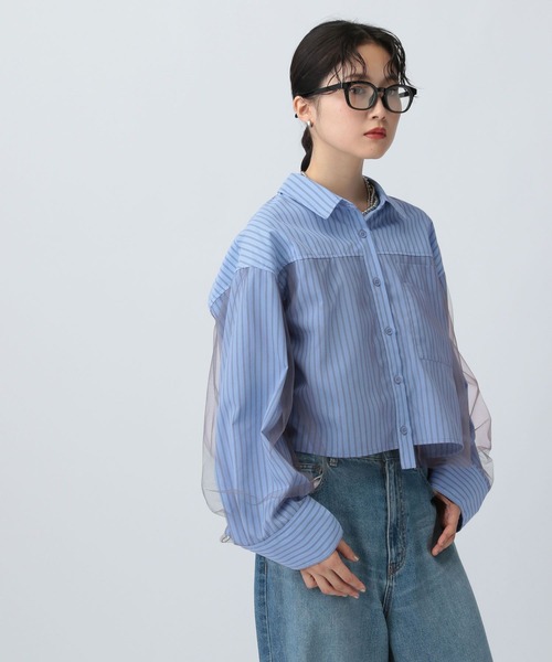 LEPSIM(レプシィム)の「チュールレイヤーストライプシャツ 582492(シャツ/ブラウス・レディース・ブルー/キャメル/ピンク・FREE)」の1枚目の写真