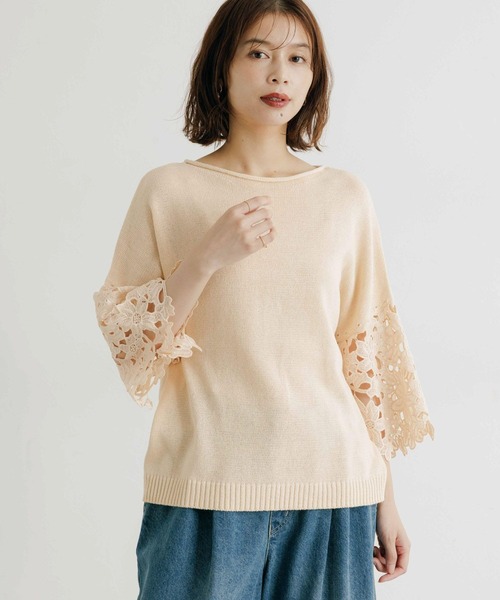 カシミヤ100% Ermanno Scervino 袖レース ニットセーター セール】7ゲージニット袖レースプルオーバー（ニット/セーター