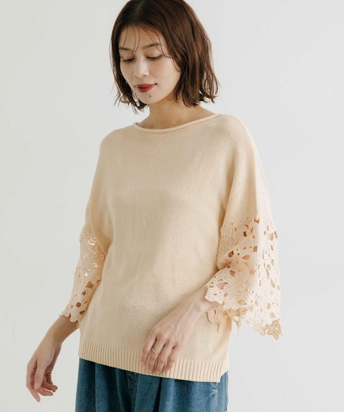 セール】7ゲージニット袖レースプルオーバー（ニット/セーター