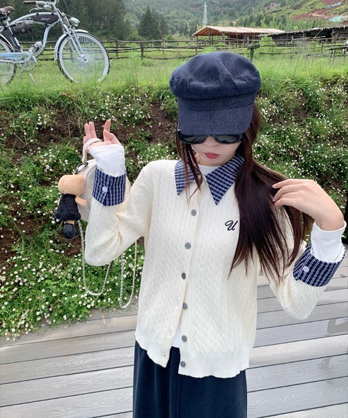 gossip！ロサンゼルス（ゴシップロサンゼルス）の「Y2K 刺繍レイヤードケーブルニットカーディガン（カーディガン/ボレロ・レディース・オフホワイト/ネイビー・FREE）」の7枚目の写真