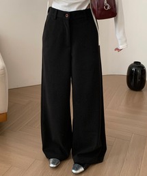 【起毛ツイル生地/タックインしやすい/ウエスト裏ゴム】ナチュラル木目調ボタンストレートワイドパンツ