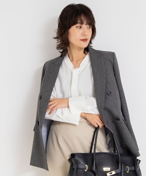 セール】ウォッシャブルストレッチバックサテンボウタイブラウス