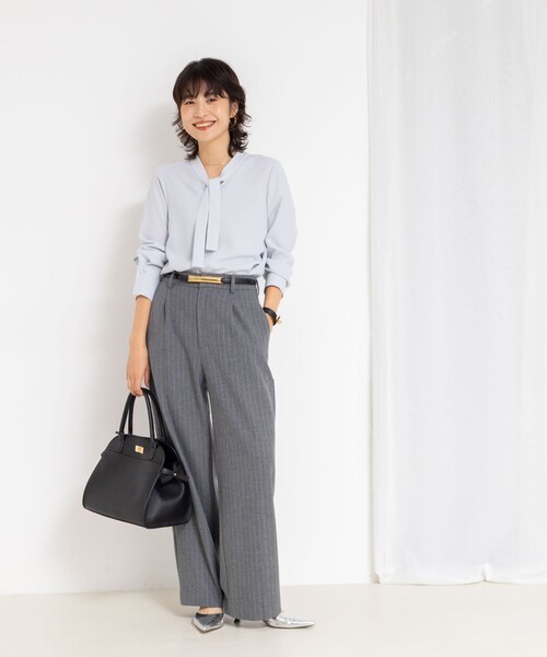 セール】ウォッシャブルストレッチバックサテンボウタイブラウス