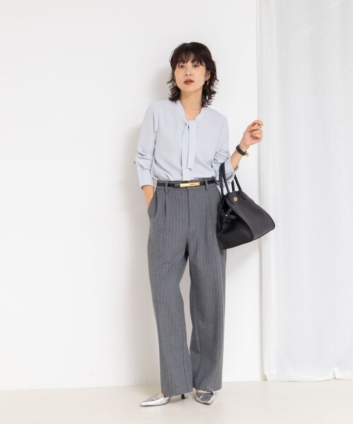 セール】ウォッシャブルストレッチバックサテンボウタイブラウス