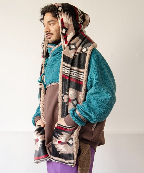 チャイハネ（チャイハネ）の「【チャイハネ】NOMADY ノマディフードマフラー（マフラー・レディース・ナチュラル/ブラック/サンドベージュ/スカイブルー・FREE）」の2枚目の写真