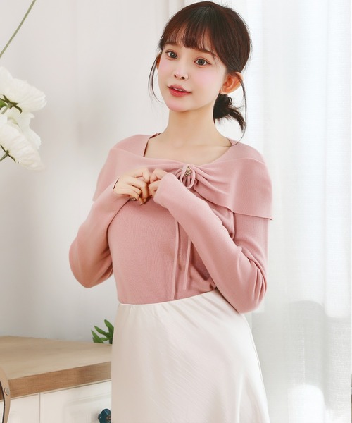 Anely（アネリー）の「ストール風 リボン ビジュー ニット プルオーバー（ニット/セーター・レディース・ピンク/アイボリー/ブラック・FREE）」の17枚目の写真