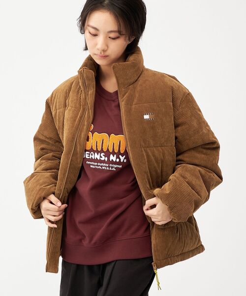 新品未使用  JEANSトミージーンズダウンジャケットXLブラウン茶色 セール】オールオーバープリントパッファジャケット（ダウンジャケット