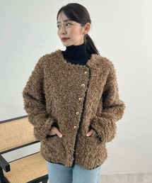 Futier land | 配色パイピングノーカラーボアコート(ブルゾン)