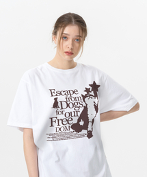 キャット&ドッグプリントオーバーサイズ半袖Tシャツホワイト