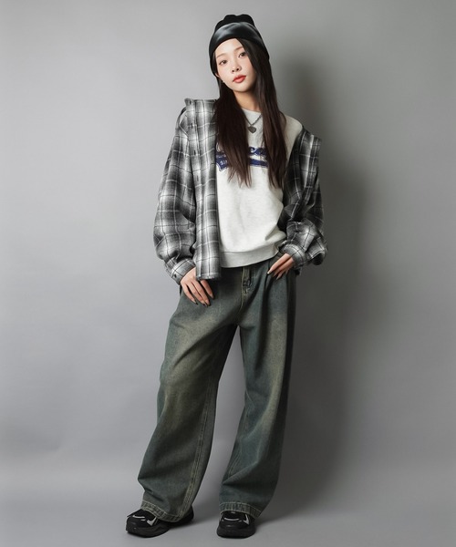 SPINNS（スピンズ）の「肉厚☆フード付きオーバーサイズチェックシャツ/起毛テレコ（シャツ/ブラウス・レディース・ブラック/アイボリー/ブラウン/ボルドー/ネイビー・ONESIZE）」の20枚目の写真