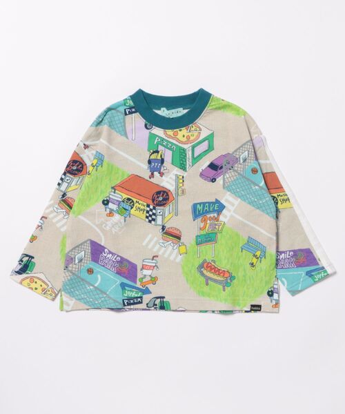 HAKKA KIDS(ハッカキッズ)の「フードタウンプリントインレイ長袖Tシャツ(Tシャツ/カットソー・キッズ・ベージュ/グレー・100cm/110cm/120cm/130cm)」の1枚目の写真