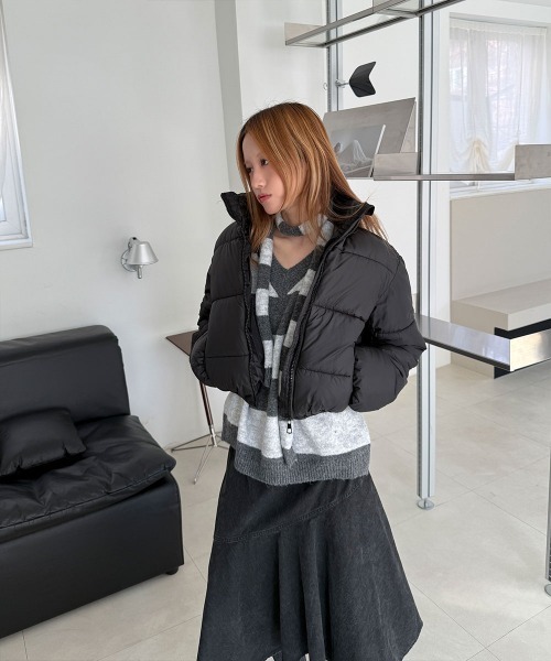 4INT.(フォイント)の「スタンドカラー クロップド ショート ペディン / 中綿 フェイクダウン(ダウンジャケット/コート・レディース・ブラウン/ブラック・FREE)」の6枚目の写真