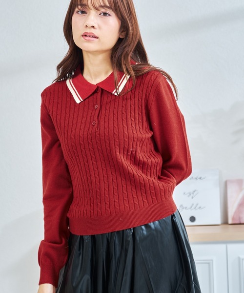 MISCH MASCH（ミッシュマッシュ）の「ZOZO限定 配色ケーブルポロニット（ニット/セーター・レディース・ネイビー/レッド/ホワイト・ﾌﾘ-）」の3枚目の写真