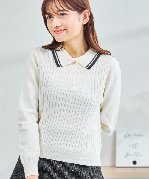 MISCH MASCH（ミッシュマッシュ）の「ZOZO限定 配色ケーブルポロニット（ニット/セーター・レディース・ネイビー/レッド/ホワイト・ﾌﾘ-）」の2枚目の写真