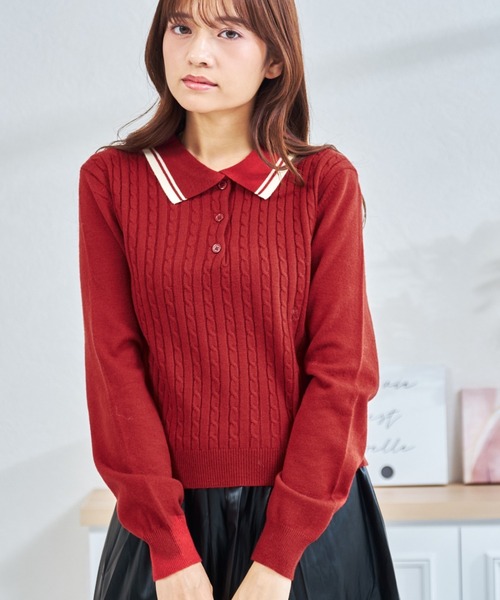 MISCH MASCH（ミッシュマッシュ）の「ZOZO限定 配色ケーブルポロニット（ニット/セーター・レディース・ネイビー/レッド/ホワイト・ﾌﾘ-）」の4枚目の写真