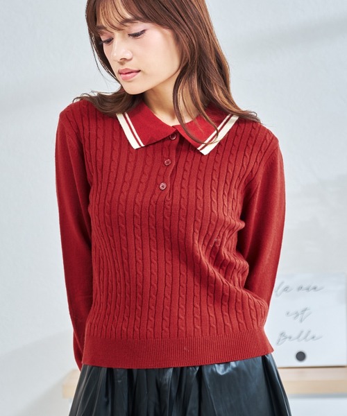 MISCH MASCH（ミッシュマッシュ）の「ZOZO限定 配色ケーブルポロニット（ニット/セーター・レディース・ネイビー/レッド/ホワイト・ﾌﾘ-）」の5枚目の写真
