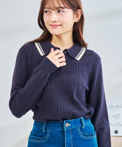 MISCH MASCH（ミッシュマッシュ）の「ZOZO限定 配色ケーブルポロニット（ニット/セーター・レディース・ネイビー/レッド/ホワイト・ﾌﾘ-）」の10枚目の写真