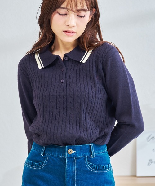 MISCH MASCH（ミッシュマッシュ）の「ZOZO限定 配色ケーブルポロニット（ニット/セーター・レディース・ネイビー/レッド/ホワイト・ﾌﾘ-）」の11枚目の写真
