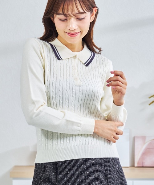 MISCH MASCH（ミッシュマッシュ）の「ZOZO限定 配色ケーブルポロニット（ニット/セーター・レディース・ネイビー/レッド/ホワイト・ﾌﾘ-）」の16枚目の写真