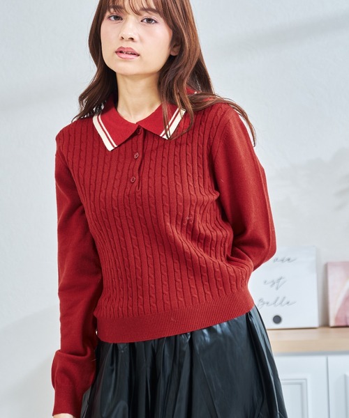 MISCH MASCH（ミッシュマッシュ）の「ZOZO限定 配色ケーブルポロニット（ニット/セーター・レディース・ネイビー/レッド/ホワイト・ﾌﾘ-）」の6枚目の写真