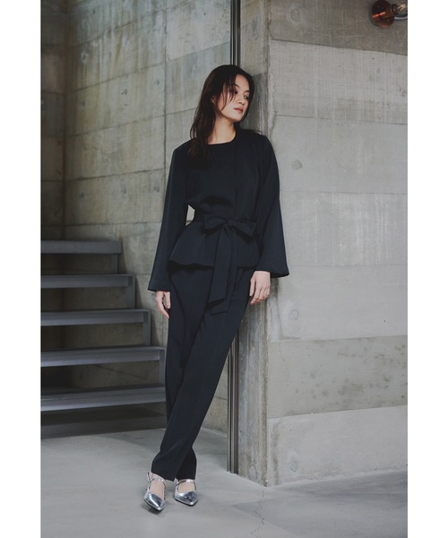 リボンペプラムブラウスパンツスーツ 2点セット レディース