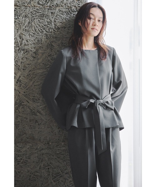 リボンペプラムブラウスパンツスーツ 2点セット レディース