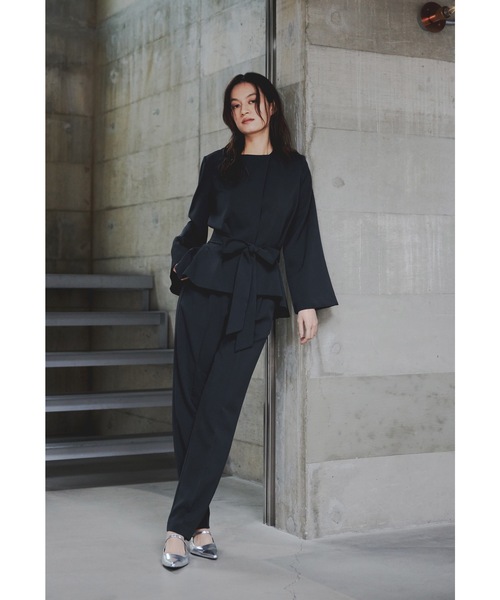 リボンペプラムブラウスパンツスーツ 2点セット レディース