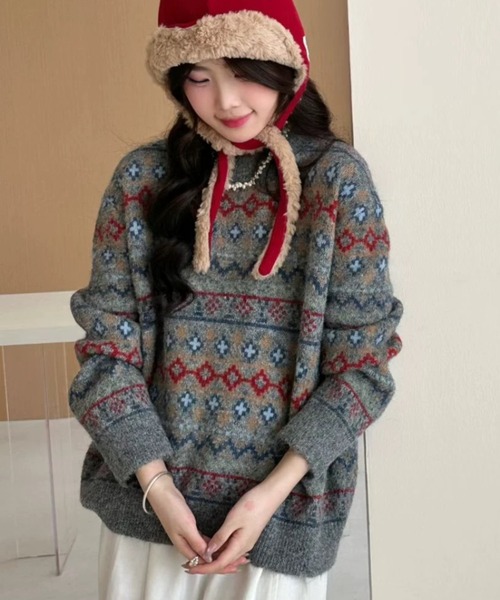 セール】【秋冬新作】ノルディック柄フェアアイルニット プルオーバー