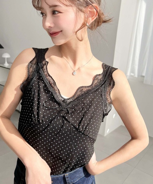 moment+(モーメントプラス)の「ドットプリントテレコリブフロントシャーリングリボンレースタンクトップ(タンクトップ・レディース・ネイビー/アイボリー/ブラック・M)」の2枚目の写真