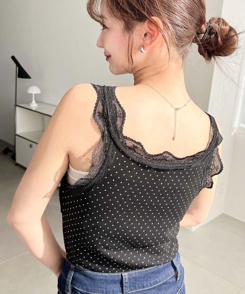 moment+(モーメントプラス)の「ドットプリントテレコリブフロントシャーリングリボンレースタンクトップ(タンクトップ・レディース・ネイビー/アイボリー/ブラック・M)」の9枚目の写真