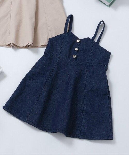 apres les cours(アプレレクール)の「ハートボタンバックリボンジャンスカ_ジュニア対応(ジャンパースカート・キッズ・インディゴブルー/ベージュ・140/130/120/110/100/90/80)」の2枚目の写真