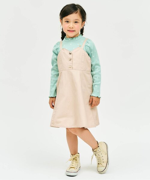 apres les cours(アプレレクール)の「ハートボタンバックリボンジャンスカ_ジュニア対応(ジャンパースカート・キッズ・インディゴブルー/ベージュ・140/130/120/110/100/90/80)」の3枚目の写真