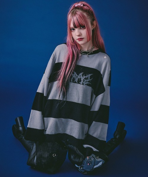 GALFY(ガルフィー)の「A'GEM/9 × .kom 『GALFY/ガルフィー』バチバチピアスニット(その他トップス・メンズ・ブラック/ライトグレー/ブラック×ホワイト・L)」の3枚目の写真