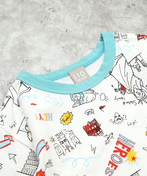 DILASH（ディラッシュ）の「【お揃い可◎・綿100%】世界を旅する！手書き風イラスト総柄Tシャツ（Tシャツ/カットソー・キッズ・オフホワイト/グレー・80/90/100/110/120/130/140）」の6枚目の写真