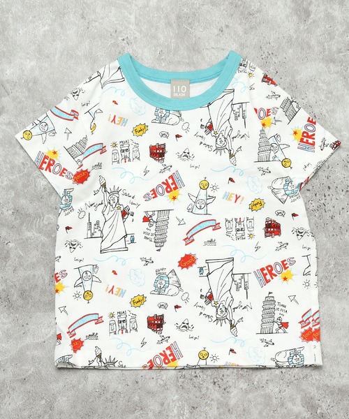 DILASH（ディラッシュ）の「【お揃い可◎・綿100%】世界を旅する！手書き風イラスト総柄Tシャツ（Tシャツ/カットソー・キッズ・オフホワイト/グレー・80/90/100/110/120/130/140）」の9枚目の写真