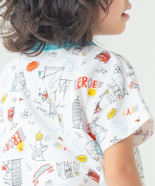 DILASH（ディラッシュ）の「【お揃い可◎・綿100%】世界を旅する！手書き風イラスト総柄Tシャツ（Tシャツ/カットソー・キッズ・オフホワイト/グレー・80/90/100/110/120/130/140）」の11枚目の写真