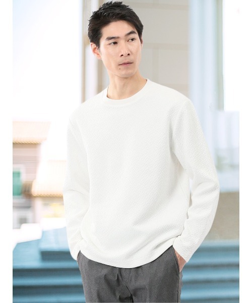 TAKA-Q(タカキュー)の「【ストレッチ イージーケア】タカキュー ジオメトリック ジャガード クルーネック 長袖 Tシャツ(Tシャツ/カットソー・メンズ・ホワイト/ブラック・MEDIUM/LARGE/X-LARGE)」の2枚目の写真