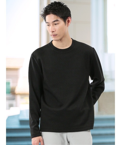 TAKA-Q(タカキュー)の「【ストレッチ イージーケア】タカキュー ジオメトリック ジャガード クルーネック 長袖 Tシャツ(Tシャツ/カットソー・メンズ・ホワイト/ブラック・MEDIUM/LARGE/X-LARGE)」の1枚目の写真