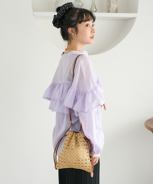 FREAK'S STORE（フリークスストア）の「2way ラフィア風 ラメ 巾着 ショルダーバッグ（ショルダーバッグ・レディース・ブラック/ナチュラル・ONE SIZE）」の4枚目の写真