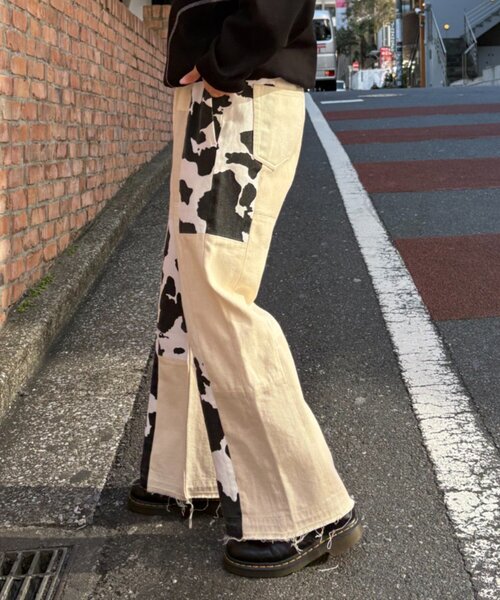 etsinta（エシンタ）の「【etsinta/エシンタ】デニムパッチワークフレアパンツ（デニムパンツ・レディース・オフホワイト/インディゴブルー・ONE SIZE）」の4枚目の写真